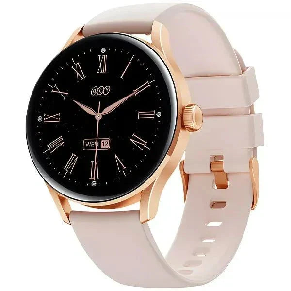 Smartwatch QCY Watch Elite in gold and pink with AMOLED touchscreen display, compatible with Android and iOS.