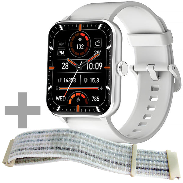 Smartwatch Blackview R50 with Bluetooth and adjustable strap, featuring a 1.85" TFT display and various health monitoring functions, includes extra strap and USB cable.