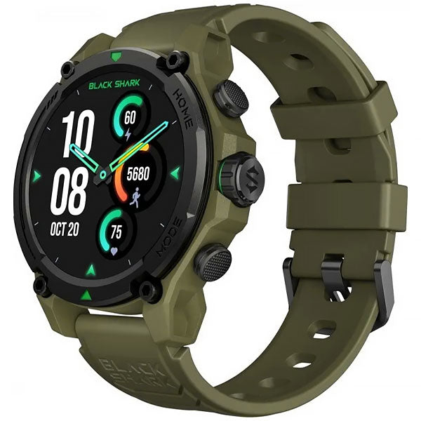 Black Shark GS3 smartwatch with GPS, Bluetooth, 1.43" AMOLED screen, and green strap.