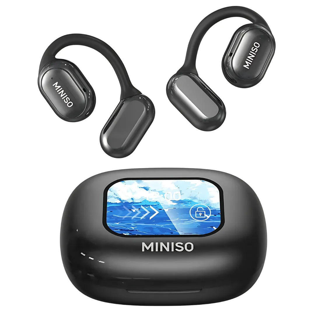 Fone Bluetooth Miniso com tela touch e ganchos ergonômicos para tradução instantânea e som premium.