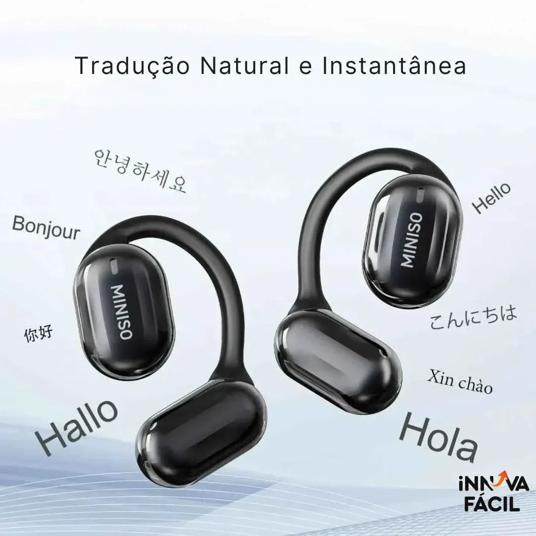 Bluetooth translator earbuds Miniso MS162 with real-time translation and multi-language greetings.
