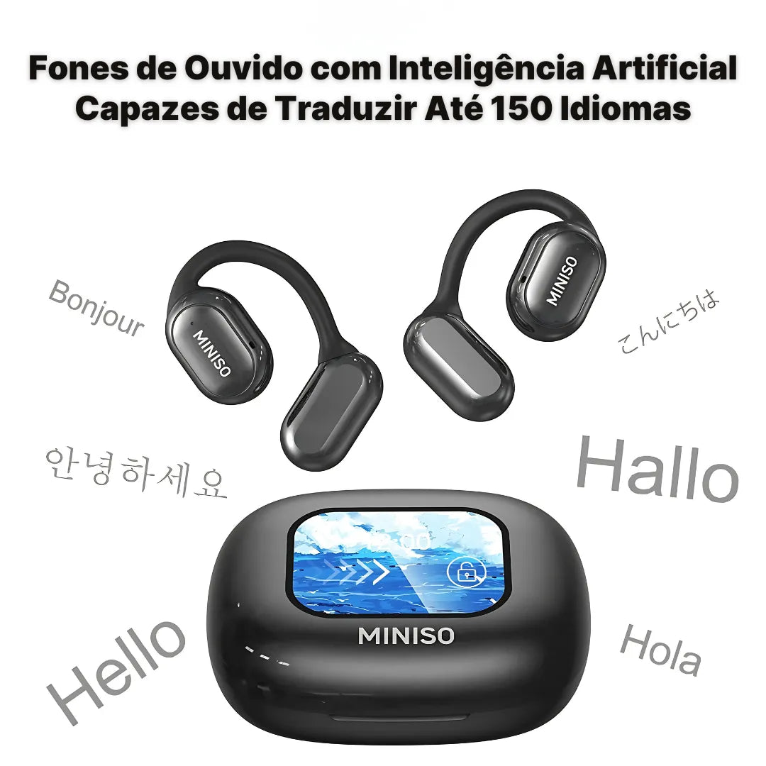 Bluetooth Miniso headphones with touch display and translation feature.