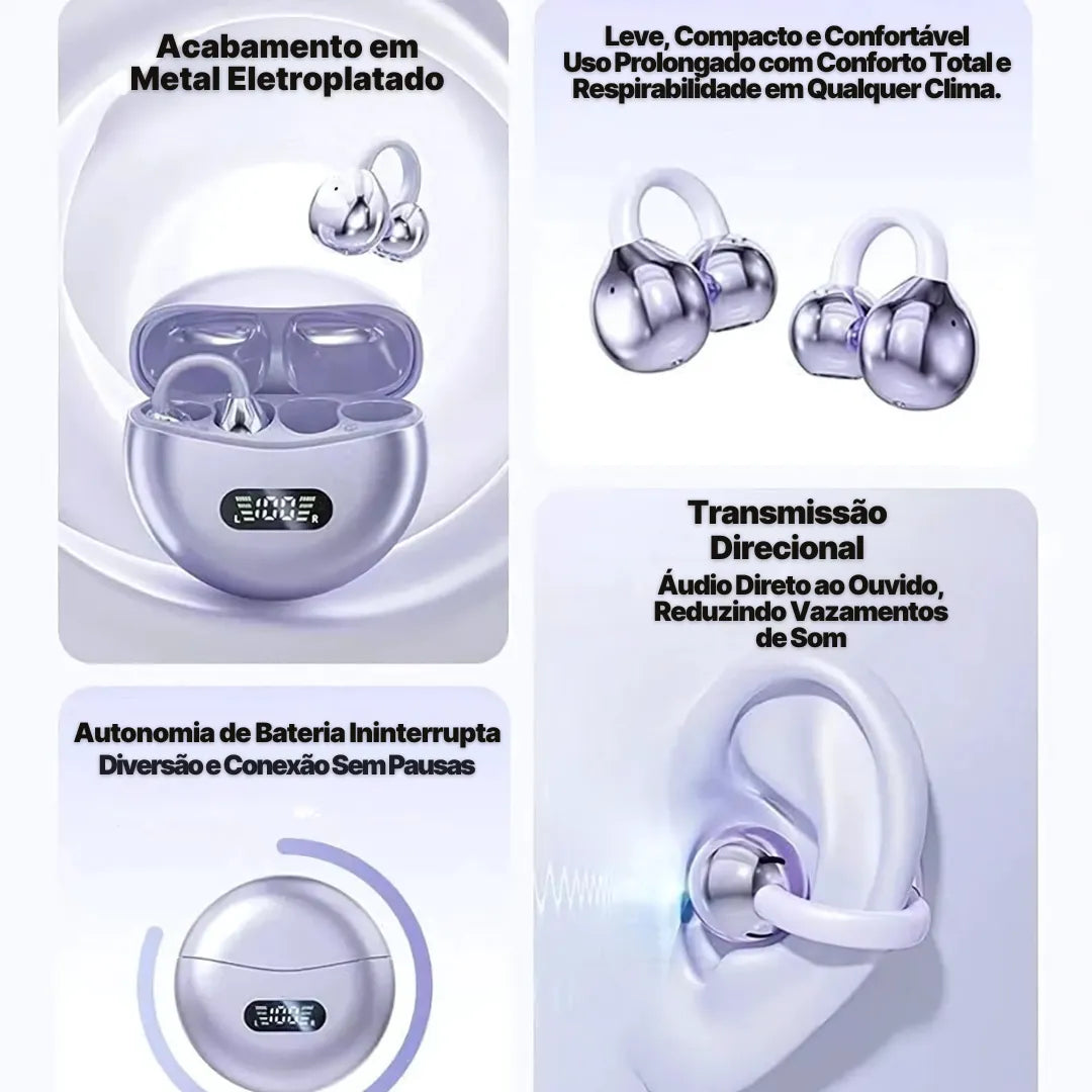 Fone Bluetooth FreeClips Open Ear com acabamento em metal, confortável e moderno.