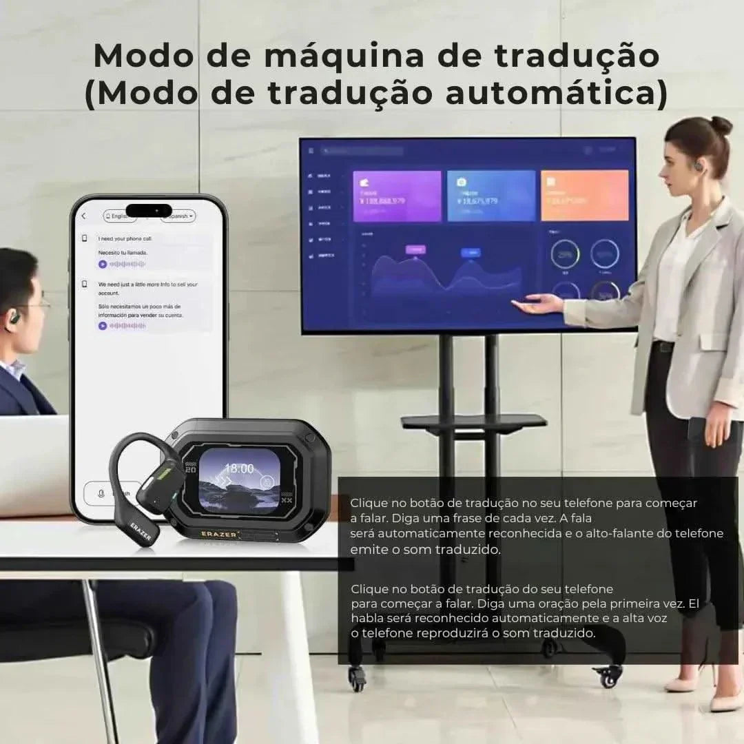 Fone Tradutor Bluetooth Erazer Ear Hook for real-time translation and Hi-Fi audio.