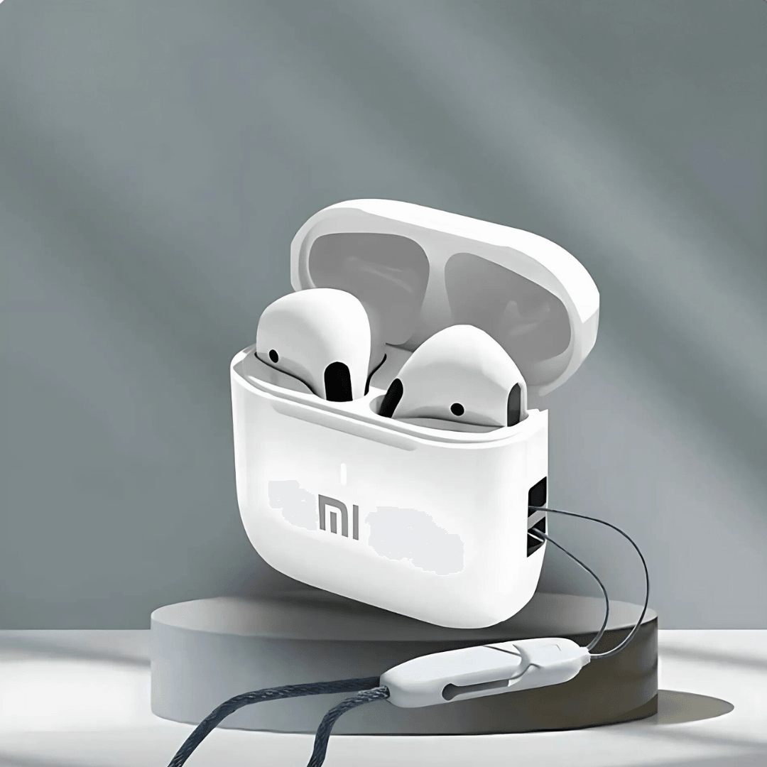 Wireless noise-cancelling EchoBuds with charging case on a pedestal.