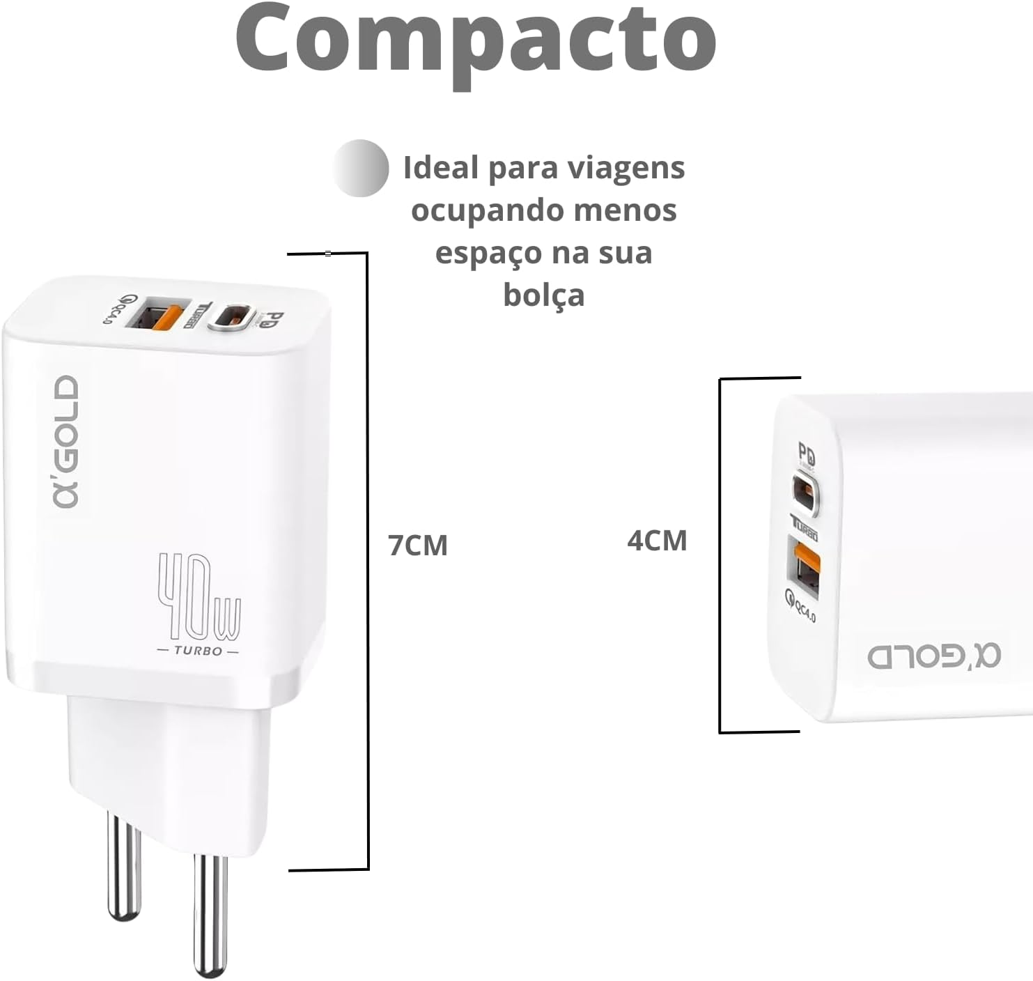 Compact turbo charger 40W by A'Gold, 2 USB ports, ideal for travel.