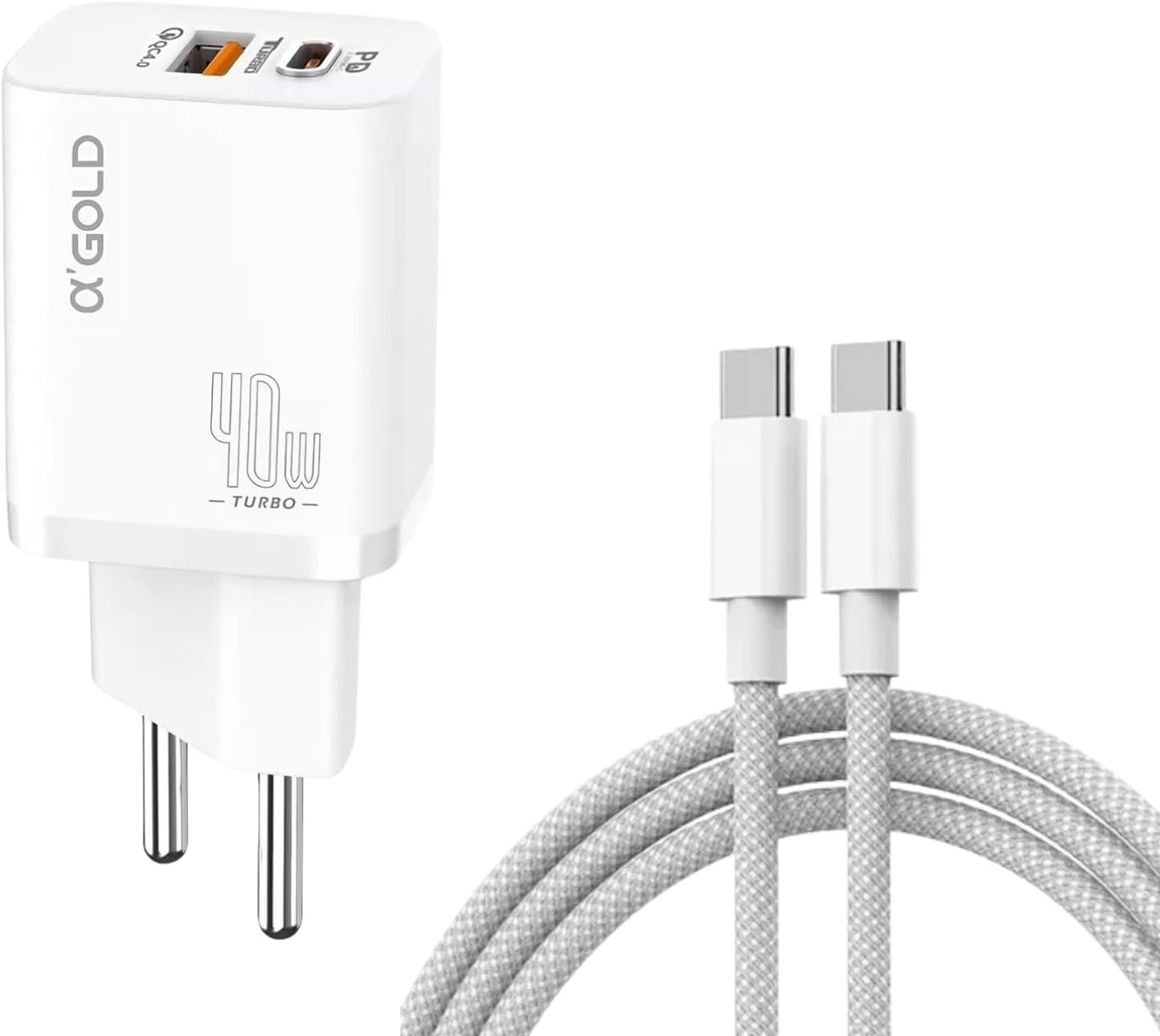 Turbo charger kit 40W 9.1A with USB-C, white, by A'Gold, featuring fast charging and braided cable.