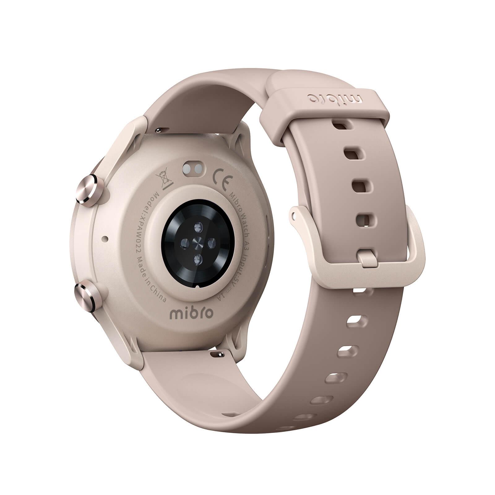 Beige Mibro A3 smart watch showcasing rear design and strap.