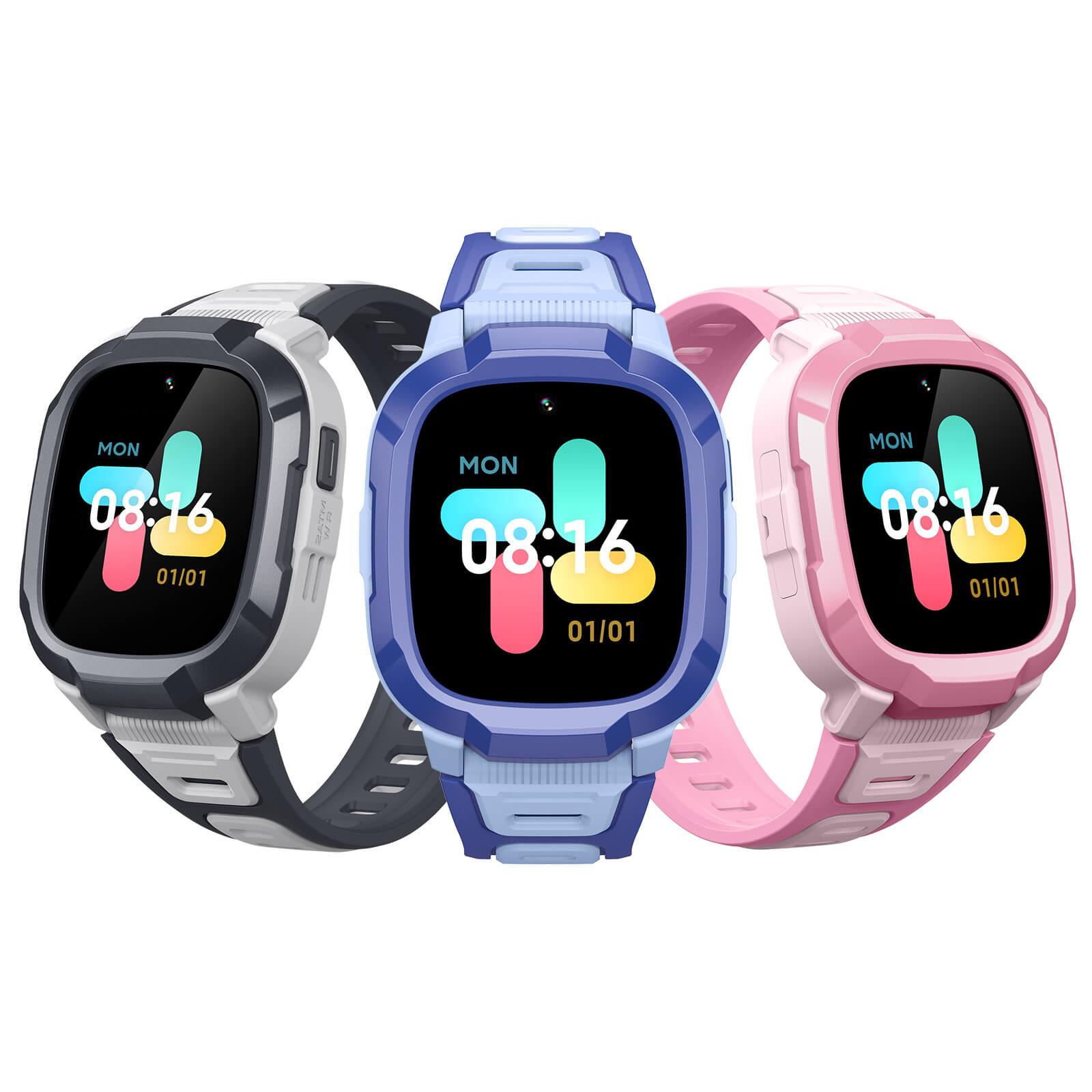 Mibro Kids P6 smartwatch in blue, black, and pink, featuring video calls, long battery life, waterproof design, and sports modes.