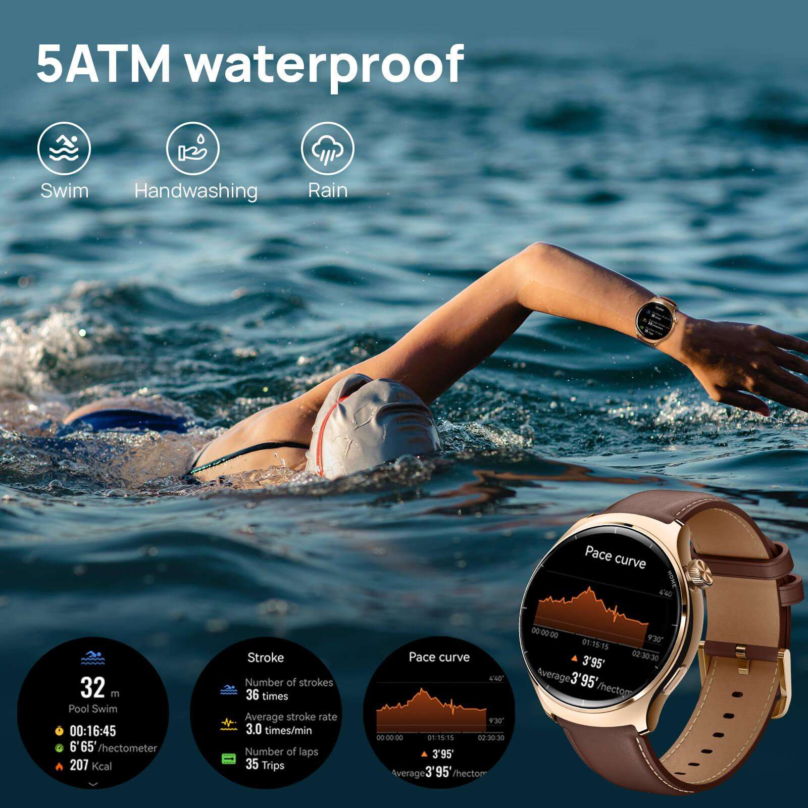 Smartwatch Mibro Lite 3 Pro with 5ATM waterproof feature worn by swimmer in pool.
