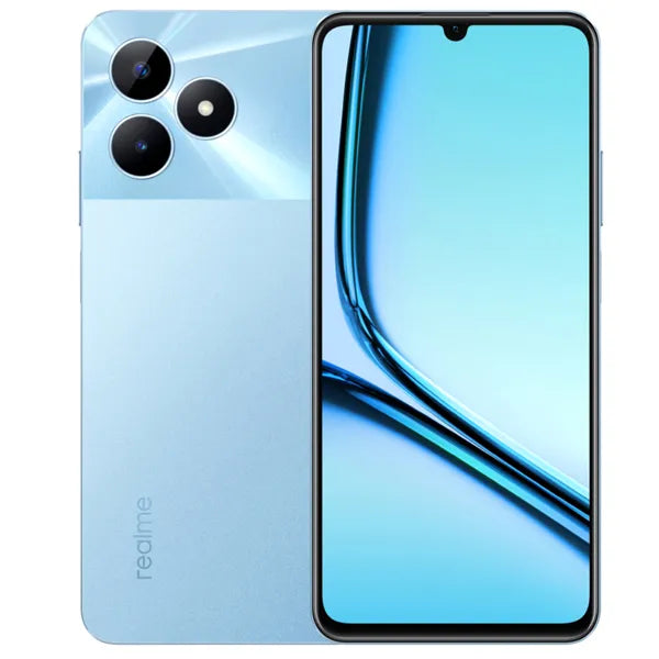 Smartphone Realme Note 50 in Sky Blue with dual cameras and 6.74-inch display.