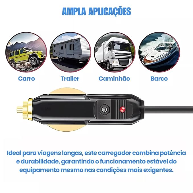 Cabo carregador veicular Starlink de 3 metros para carro, trailer, caminhão e barco, destaque durabilidade e desempenho.