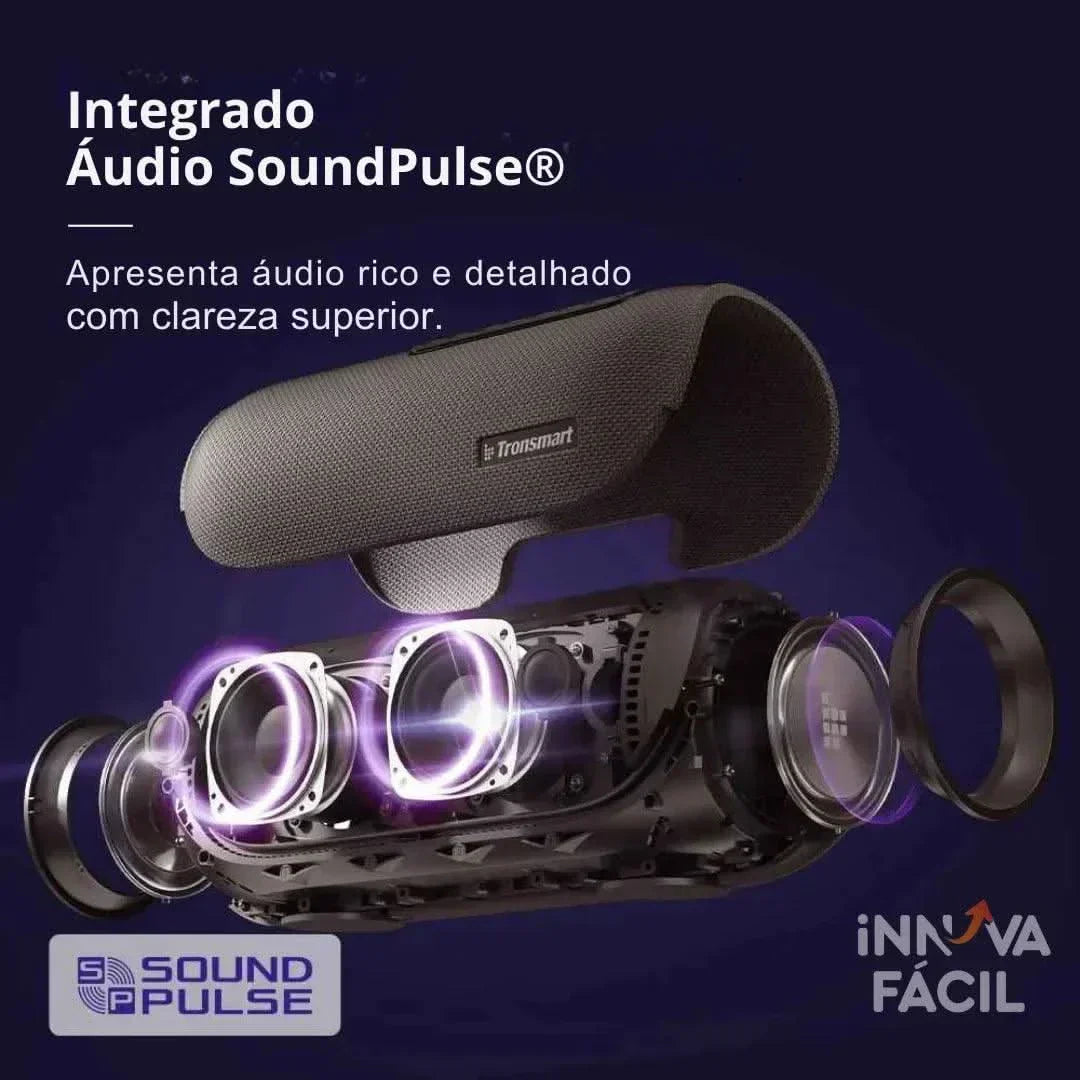 Caixa de Som Tronsmart Bang 60W com SoundPulse e Bluetooth 5.3, design interno em camadas, marca Tronsmart e descrição de som rico e detalhado.