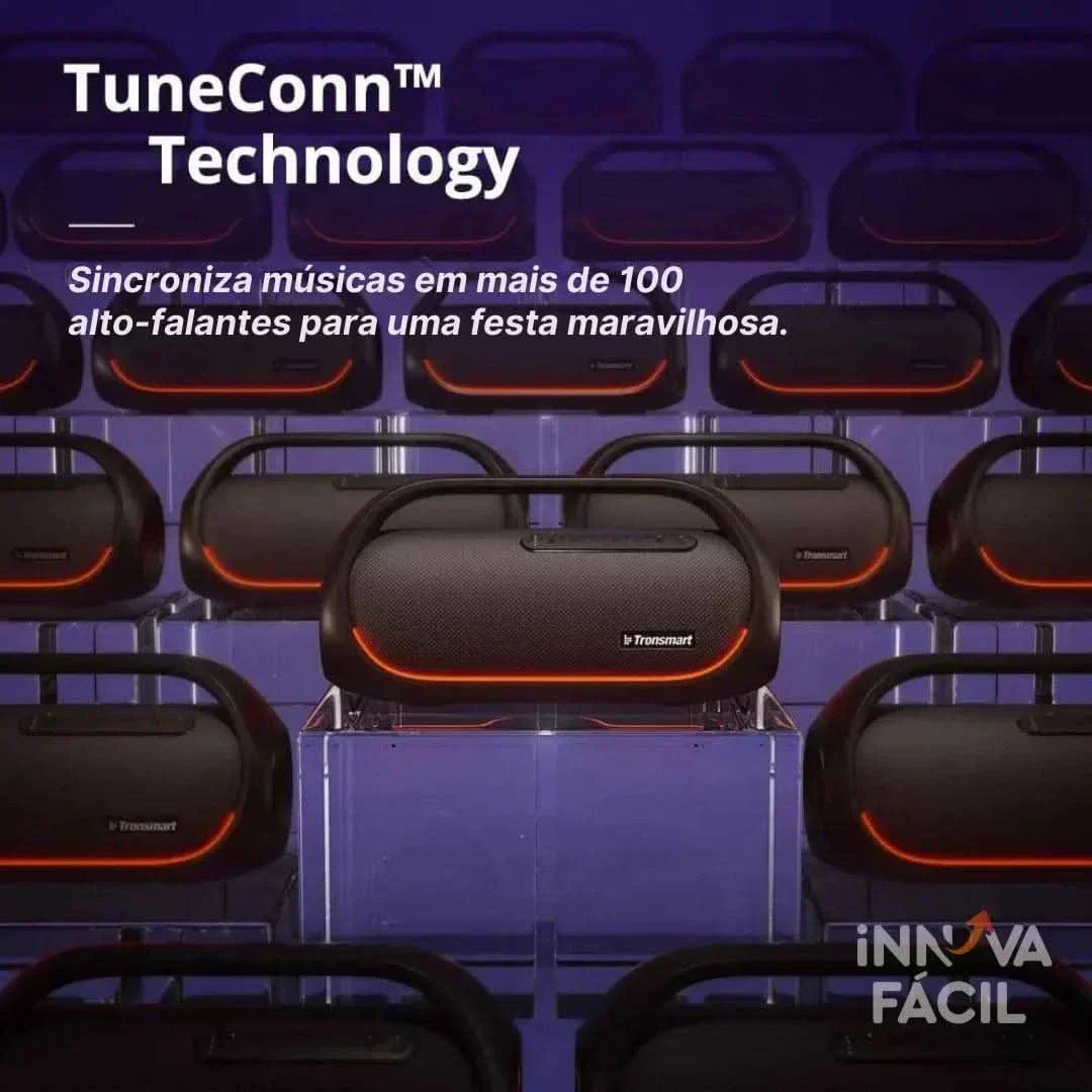 Caixa de Som Tronsmart Bang com múltiplos alto-falantes e iluminação LED, destacando tecnologia TuneConn para sincronização musical.