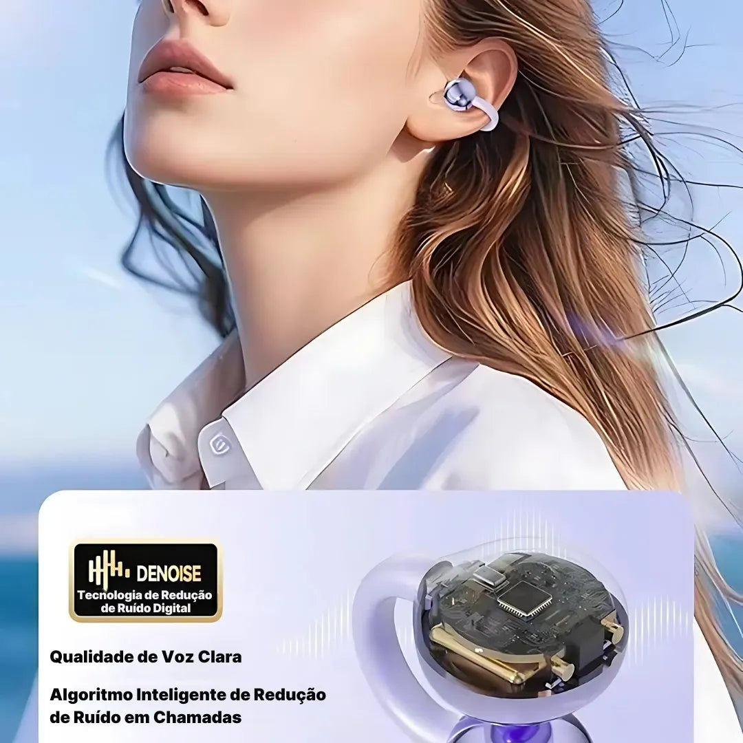 Bluetooth FreeClips open-ear headphones worn by a person, highlighting modern design and comfort, with emphasis on voice clarity and noise reduction technology.