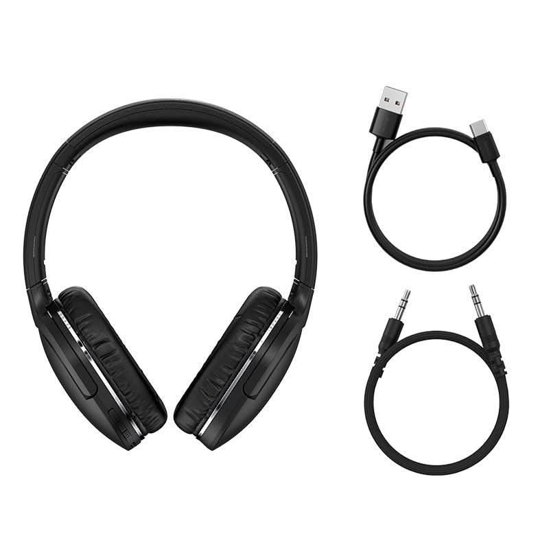 Wireless sport headphones Baseus Pro with USB and audio cables.