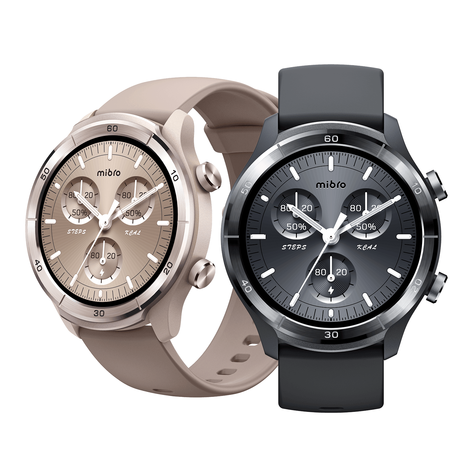 Mibro A3 smartwatch with HD display and aluminum bezel in beige and black bands.